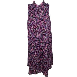 Calvin Klein Floral Printed Tie Neck Sleeveless Aubergine Trapeze Dress